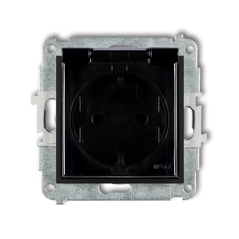 Spatwaterdicht stopcontact met randaarde (Schuko, 2P+A) (getint transparant klepje), Matt black